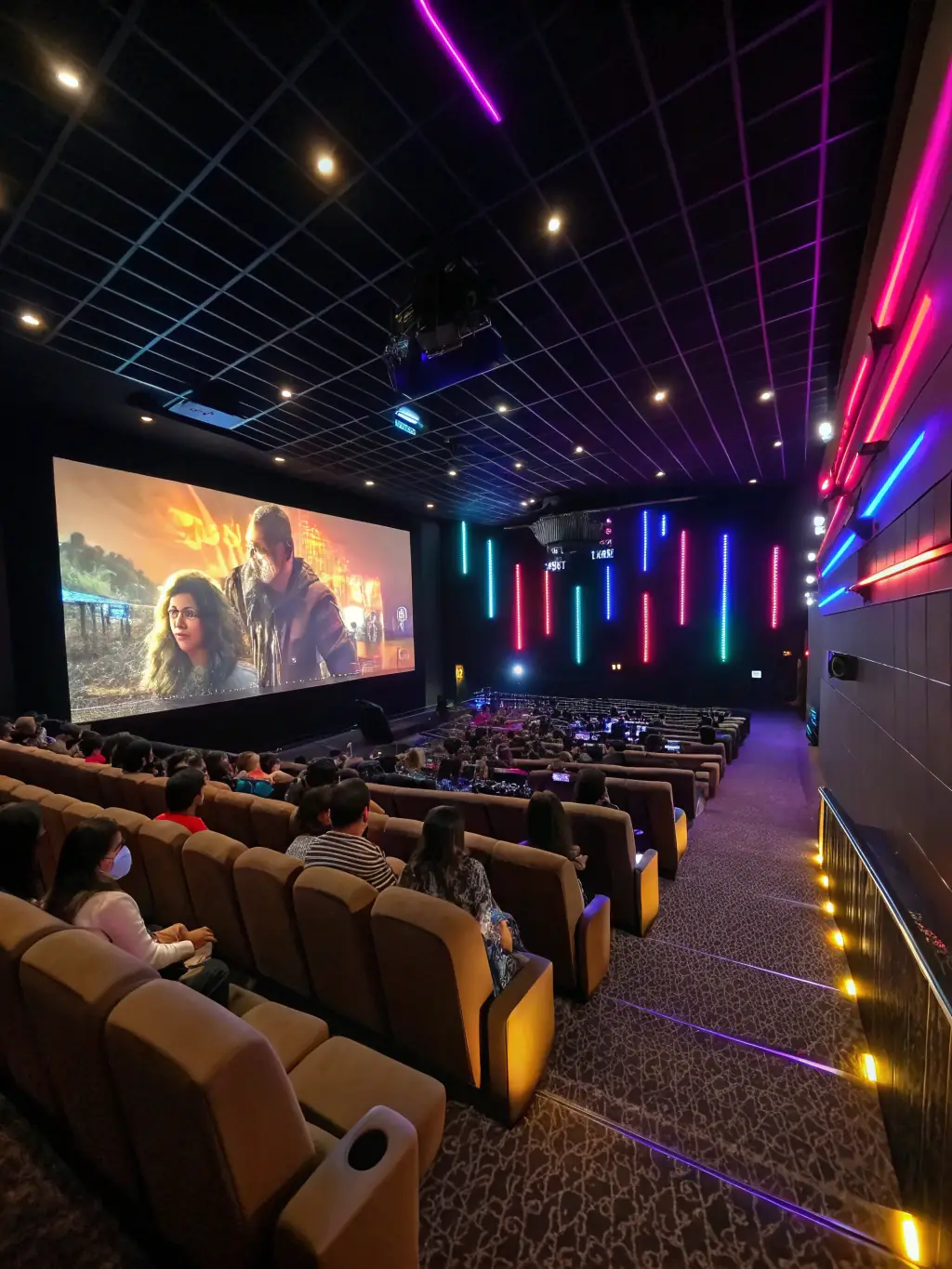 A vibrant image of a film screening event hosted by L'EMBOBINE, showing a diverse audience enjoying a classic movie in a cozy setting.