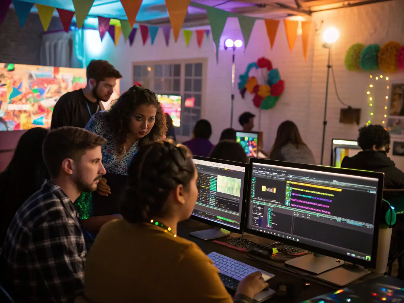 A workshop setting with participants learning about film editing, illustrating L'EMBOBINE's educational activities.