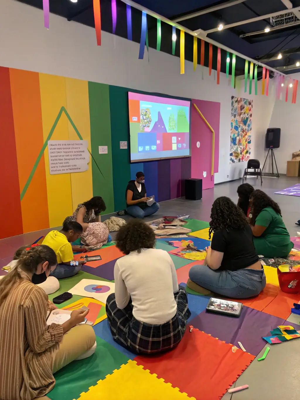 An engaging image of a film workshop at L'EMBOBINE, where participants are actively learning about film editing and production techniques.
