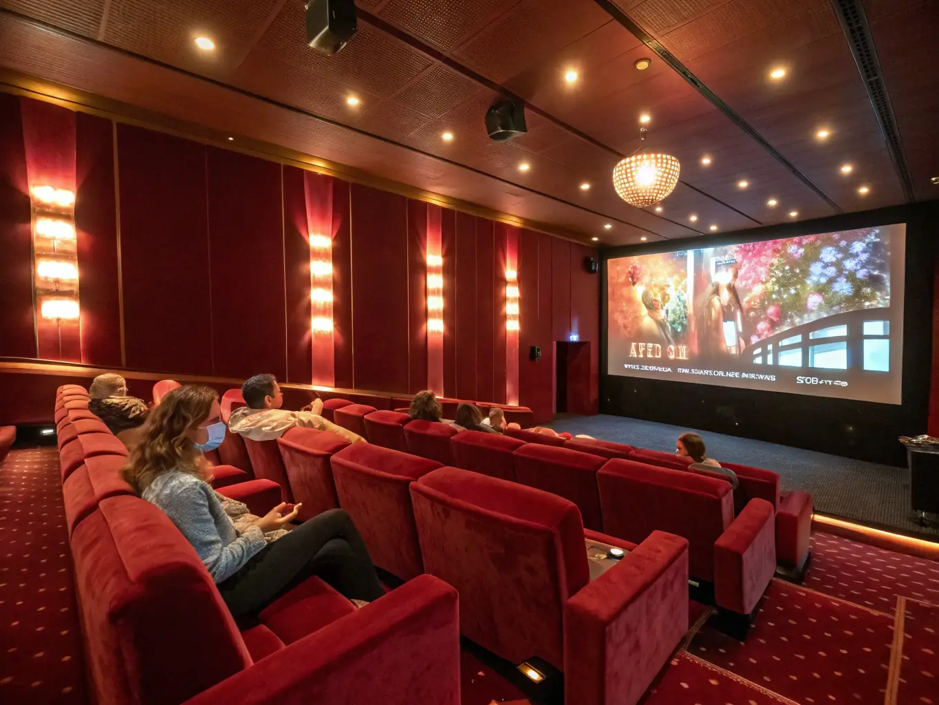 An image of a cozy cinema hall with an audience watching a film on the big screen, showcasing L'EMBOBINE's regular film screenings.