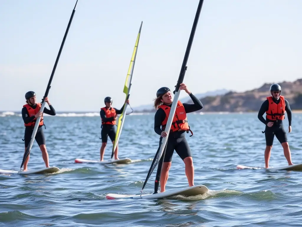 An image of athletes participating in a windfoil sailing training session, emphasizing the focus on technique, safety, and environmental awareness. The image should convey a sense of learning and skill development.