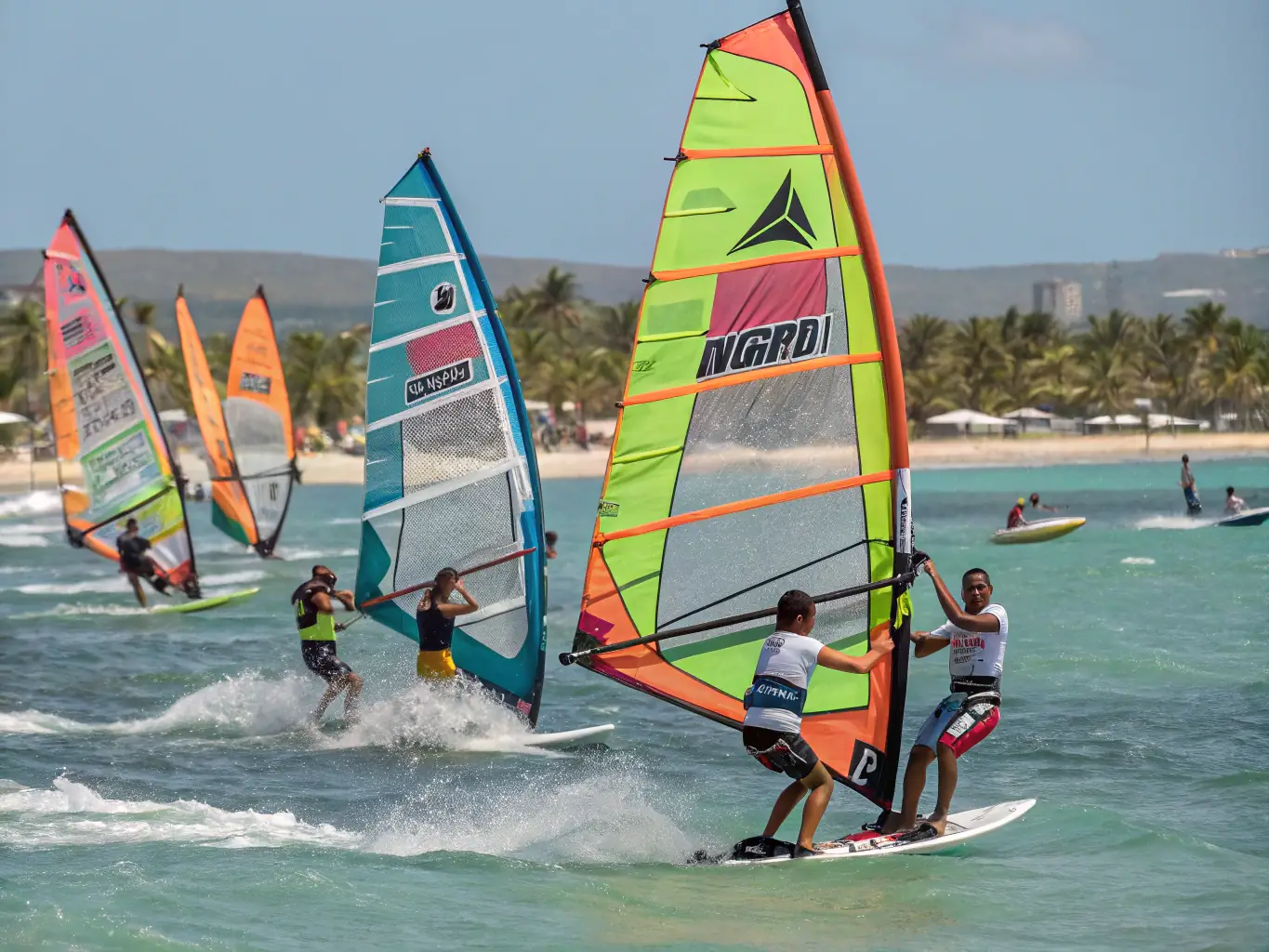 An action shot of windsurfing competitors racing on the water, with spectators cheering from the shore, capturing the excitement and competitive spirit of the events.