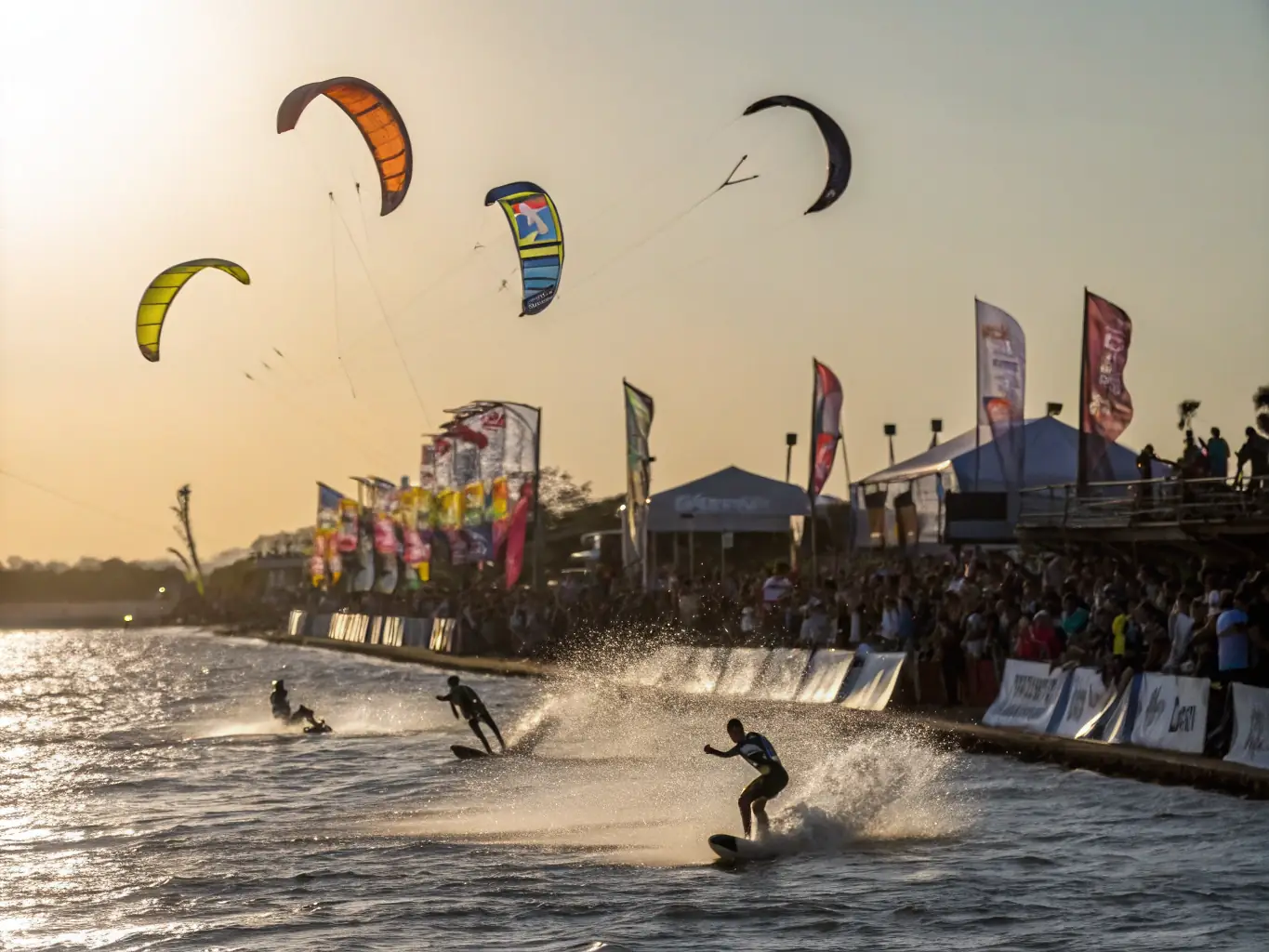 A dynamic image of windfoil sailors competing in a regatta, showcasing the speed and excitement of the sport. The image should capture the competitive spirit and the beauty of windsurfing.