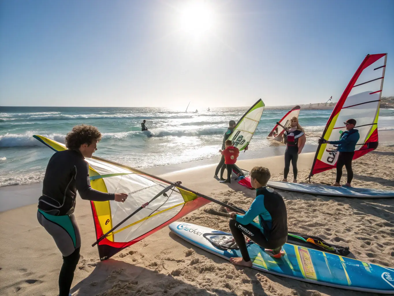 An image of a windfoil sailing training session, with coaches providing guidance to athletes of different skill levels. The image should convey the sense of learning and improvement.