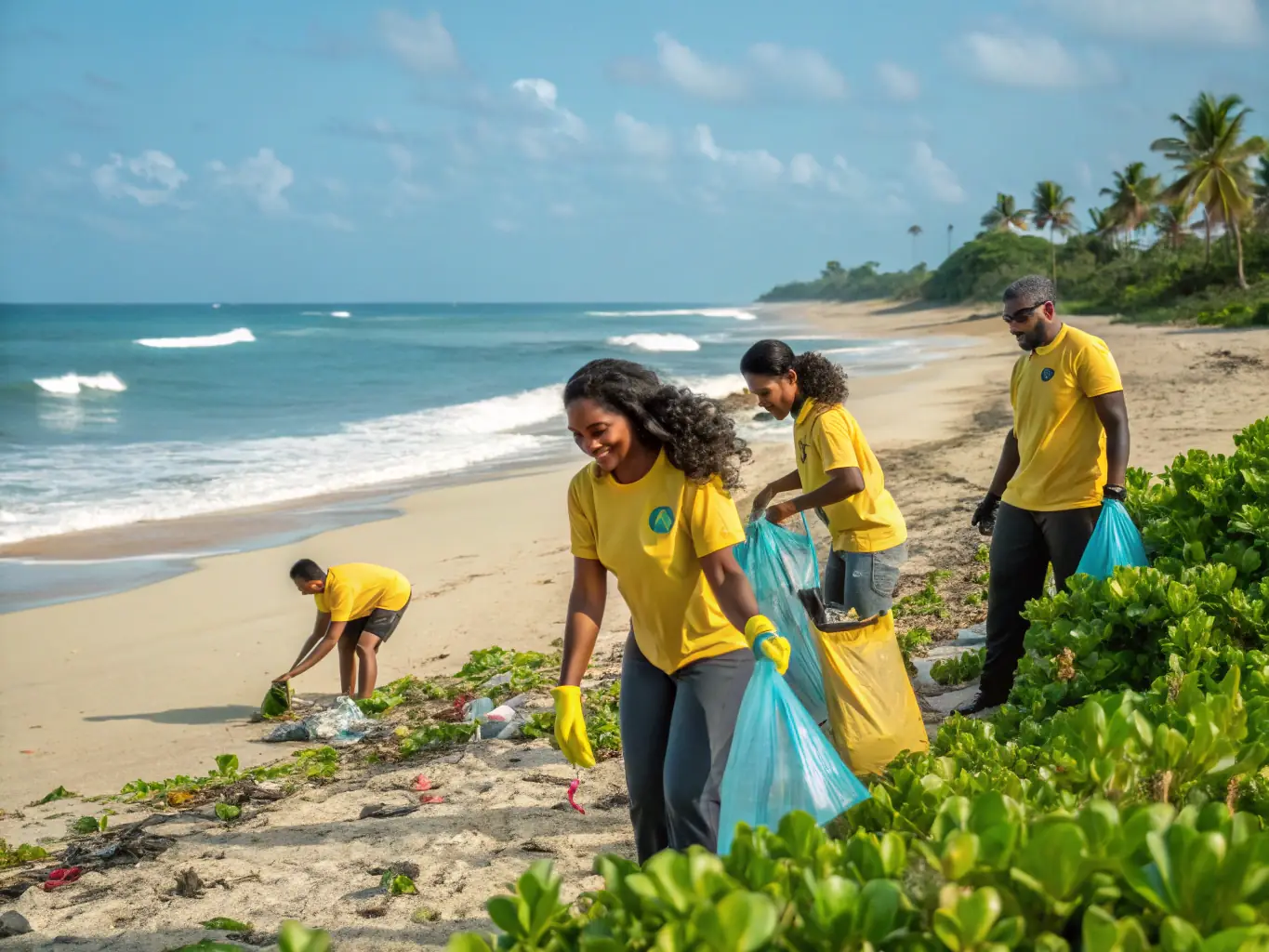 A serene image of a coastal cleanup activity, with volunteers collecting trash from the beach. The image should highlight the importance of environmental protection and community involvement.