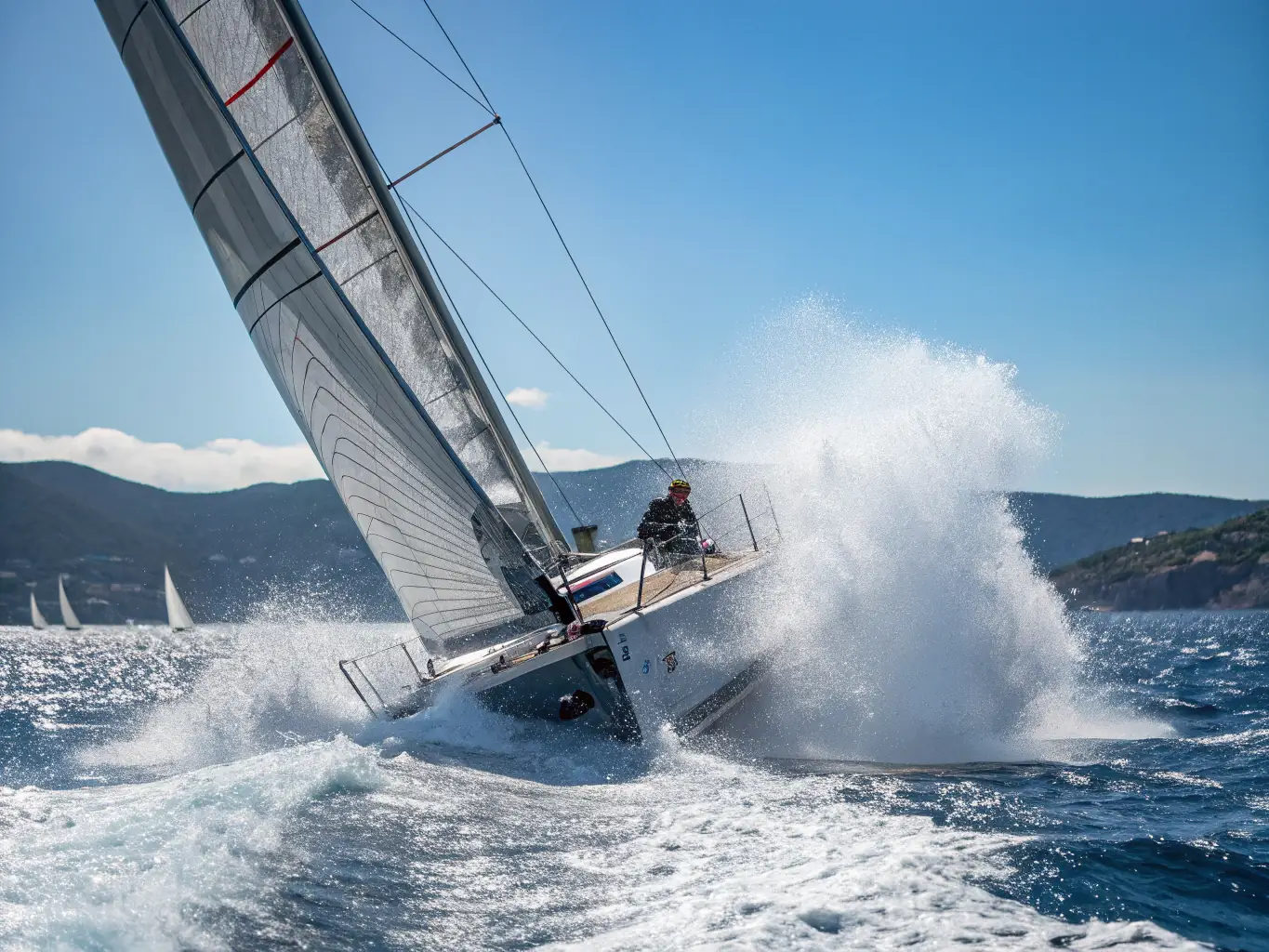 A dynamic image of windfoil sailors competing in a regatta, showcasing the speed and excitement of the sport. The image should capture the competitive spirit and skill involved in windfoil sailing.