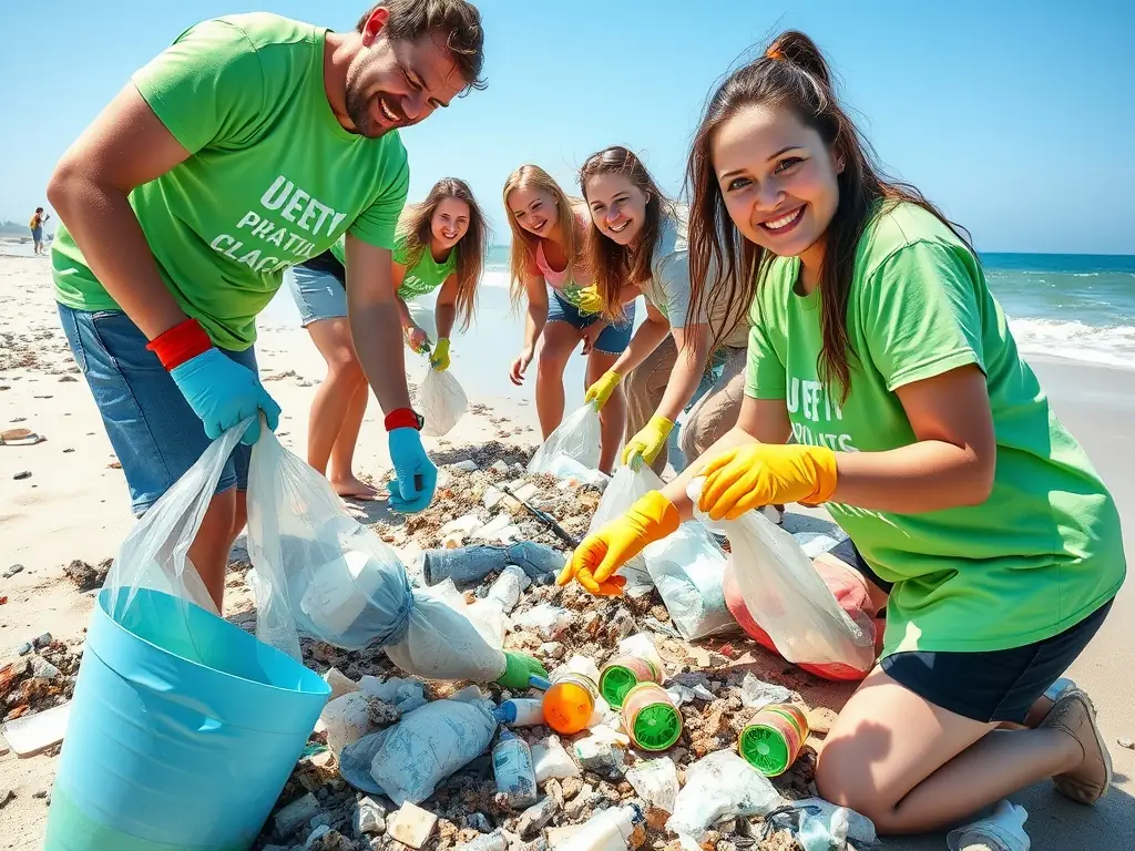 A serene image of a coastal cleanup activity, highlighting the organization's commitment to environmental stewardship and marine conservation. The image should evoke a sense of responsibility and care for the environment.