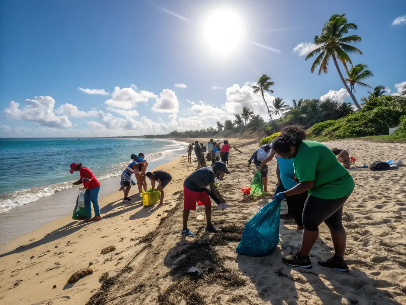 A group of young participants engaged in beach cleanup and environmental awareness activities, highlighting the organization's commitment to environmental stewardship.