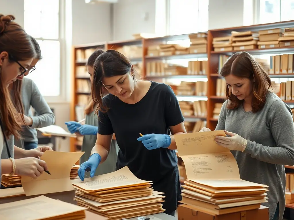 A photograph showcasing volunteers working on a community project to preserve historical records related to deportation and internment.
